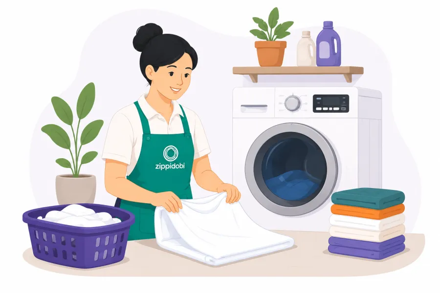 A Zippidobi MOM washing and folding laundry with care